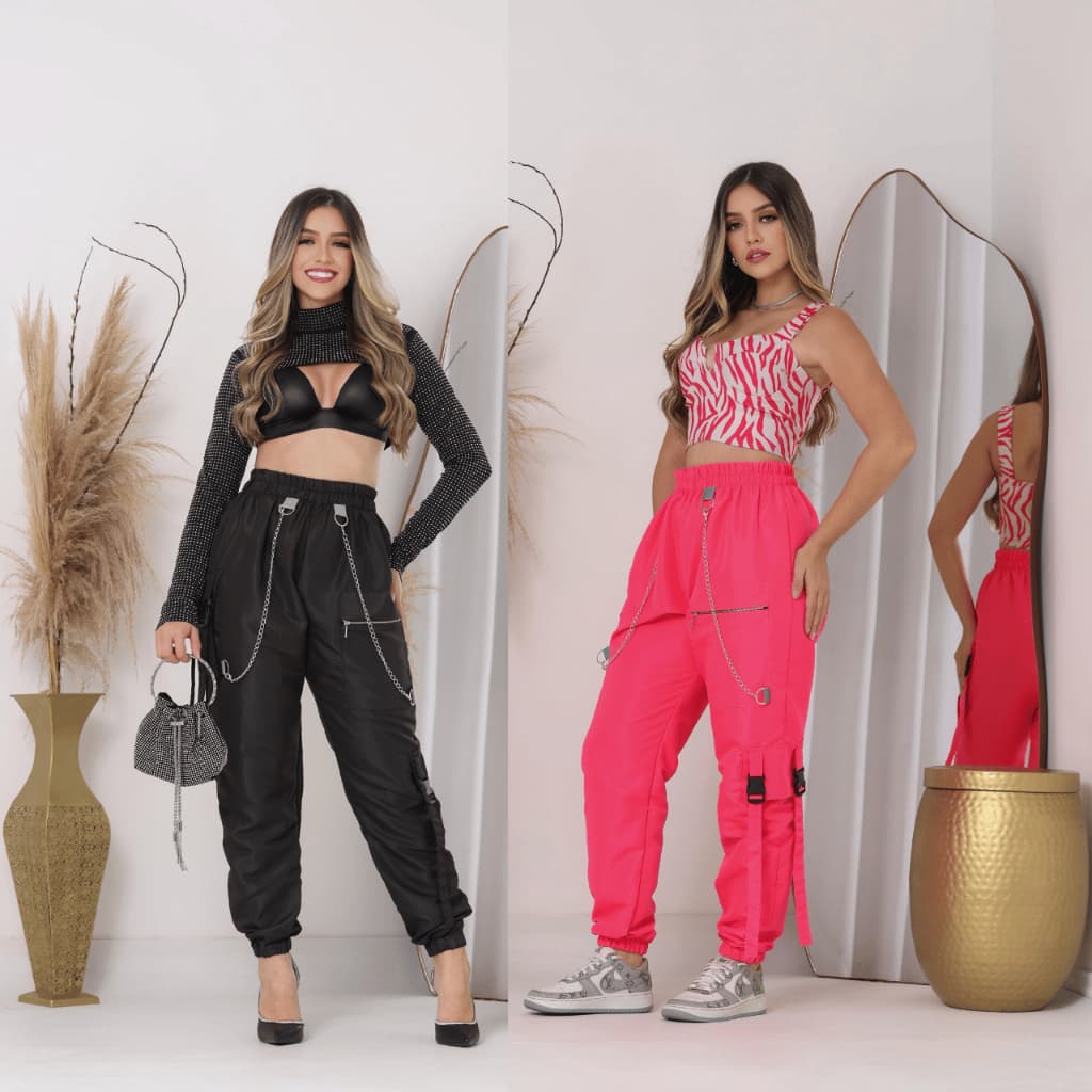 tactel kit de 2 unidades de calças cargo jogger feminina com correntes e bolsos estilo streetwear