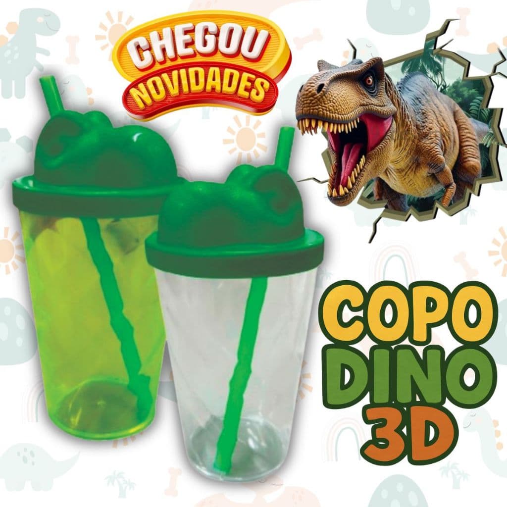 10 Copos Twister 300ml Tampa Dinossauro Dino Acrílico Liso Festa Infantil Jurassic Park