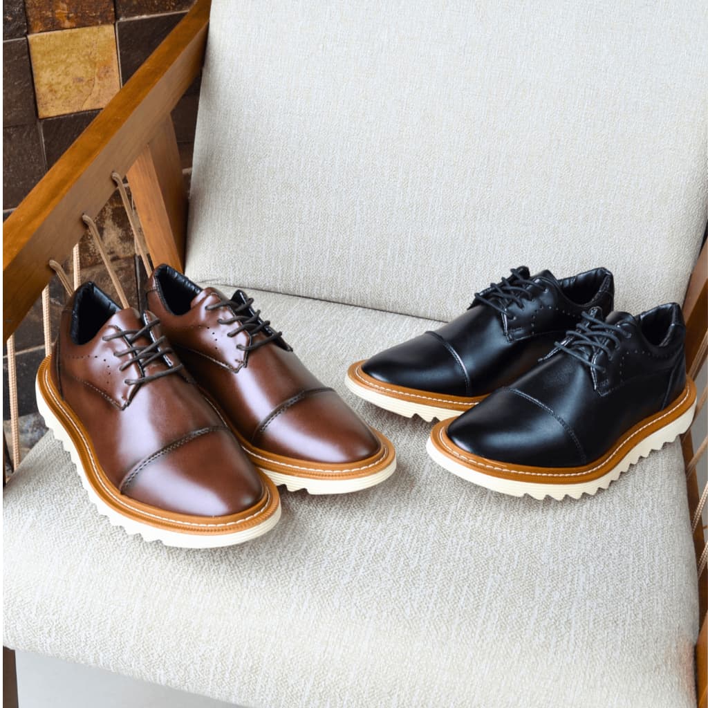 Sapato Social Masculino Oxford Brogue Couro Vegano Sola Alta Tratorado Marrom Preto Moderno Macio Casual Confortável