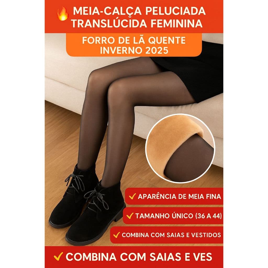 Meia Calça Peluciada Translucida Forrada Feminina para Inverno