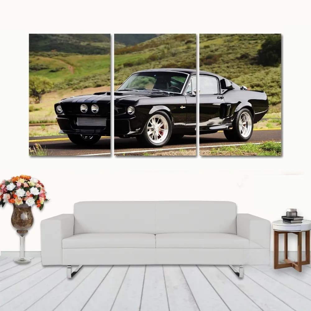 Quadro Decorativo 3 Peças Mustang Antigo Carro Esportivo Motor Automovel Potente Velocidade