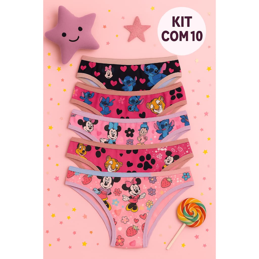 Kit 10 Calcinhas Juvenil personalgem | Menina Conforto e Qualidade stuch stiti mickei mickey moana