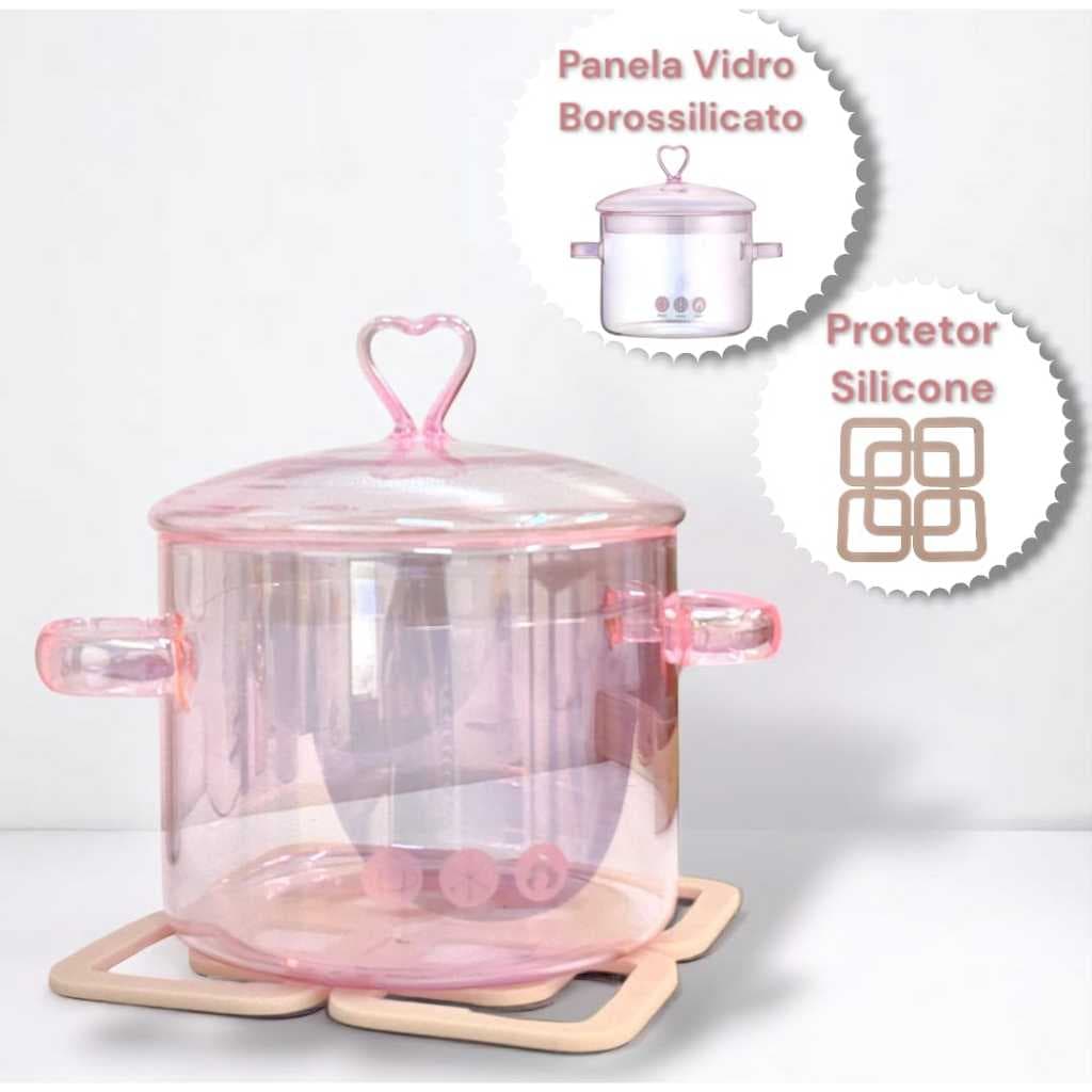 Panela de vidro Rosa Furta-cor Tampa 1.5L Vidro Borissolicato Culinária Saudável e Protetor Silicone