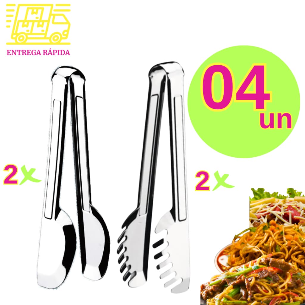 Kit 4 Pegadores Pinça Universal e Massa Aço Inox Liso Premium 20cm Utensílio de Cozinha
