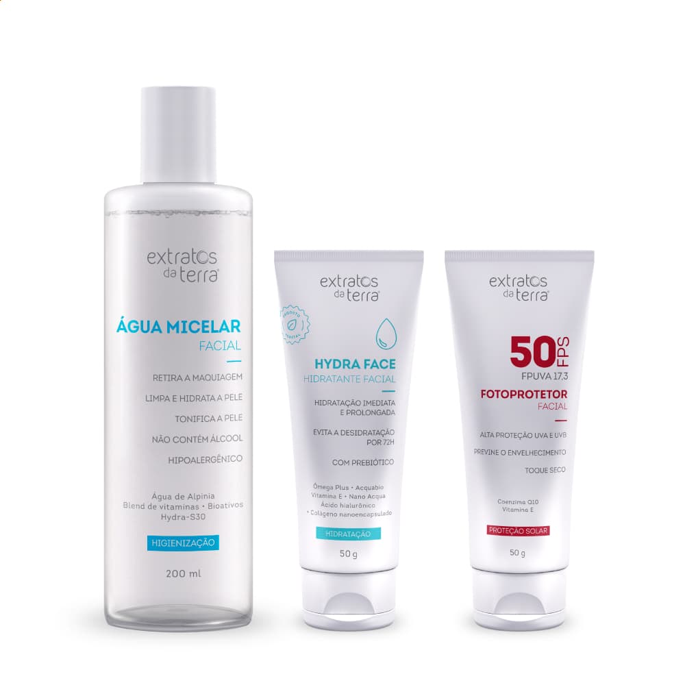 Kit Rotina Skincare e Limpeza com Água Micelar, Hidratante com Prebiótico e Protetor FPS50 Extratos da Terra