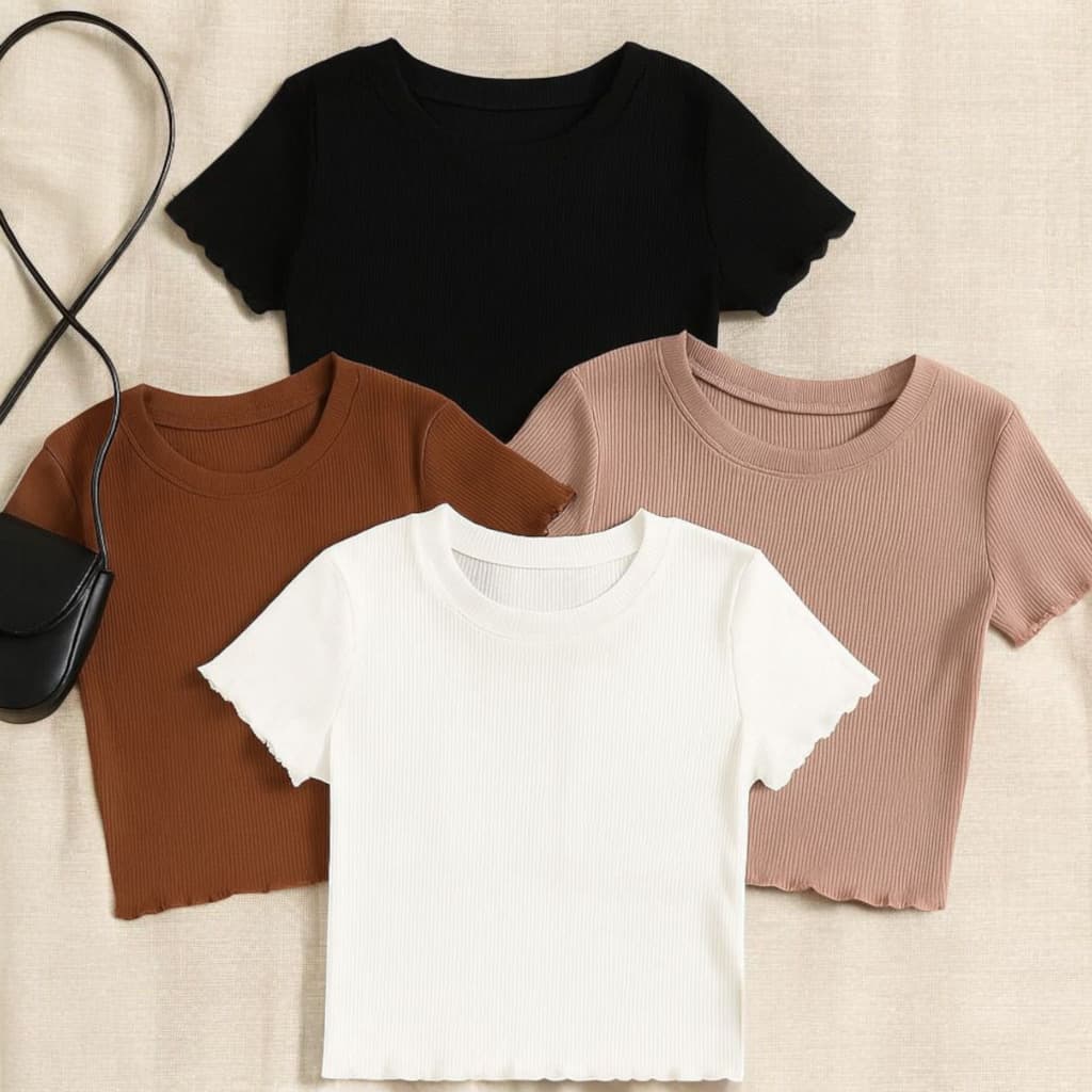 Kit 3 Camisetas Blusa Manga Curta Feminino Frufru Canelado Croped Gringa Alça Blusinha Regata Gola Tshirt Baby Look Tee