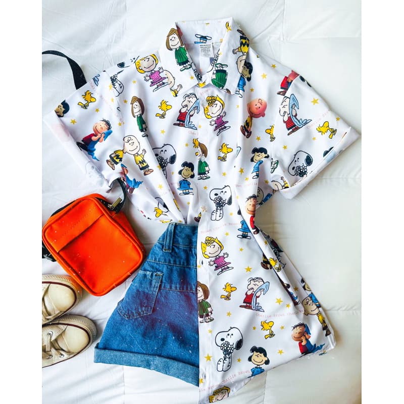 Camisa Blusa Manga Curta Estampada Snoopy Branca