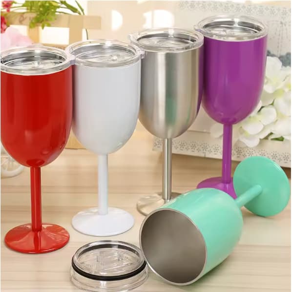 Taça Copo Térmico Vinho Em Aço Inoxidável Com Tampa 500ml