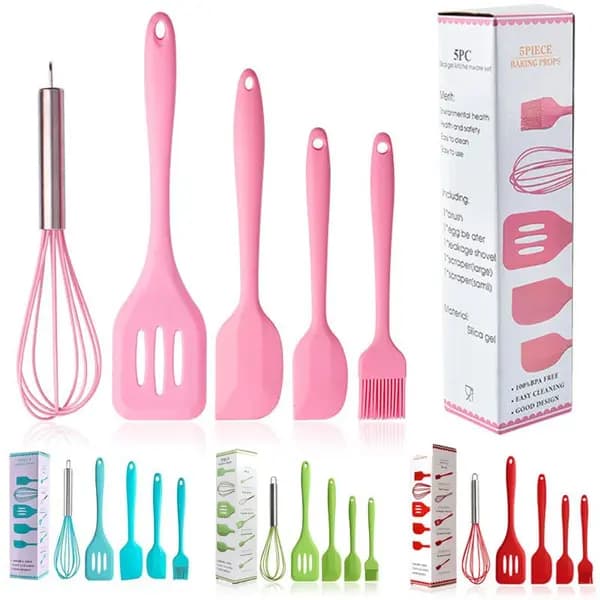 Kit Utensílios de Cozinha em Silicone 5 Peças – Resistente ao Calor, Antiadherente, Colorido e Flexível