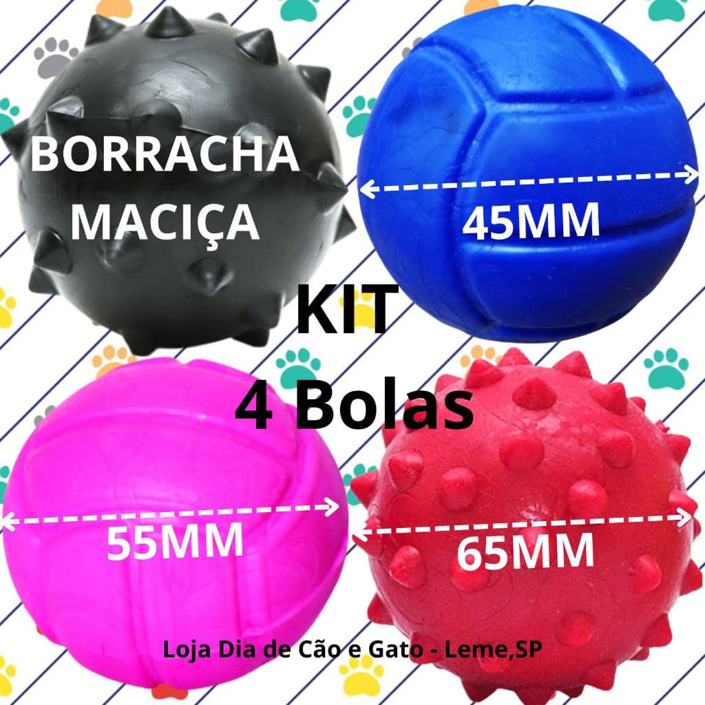 Kit 4 Bolas - CRAVO ou LISA Maciça Colorida  para Cachorro Cães Pet - 45mm 55mm 65mm