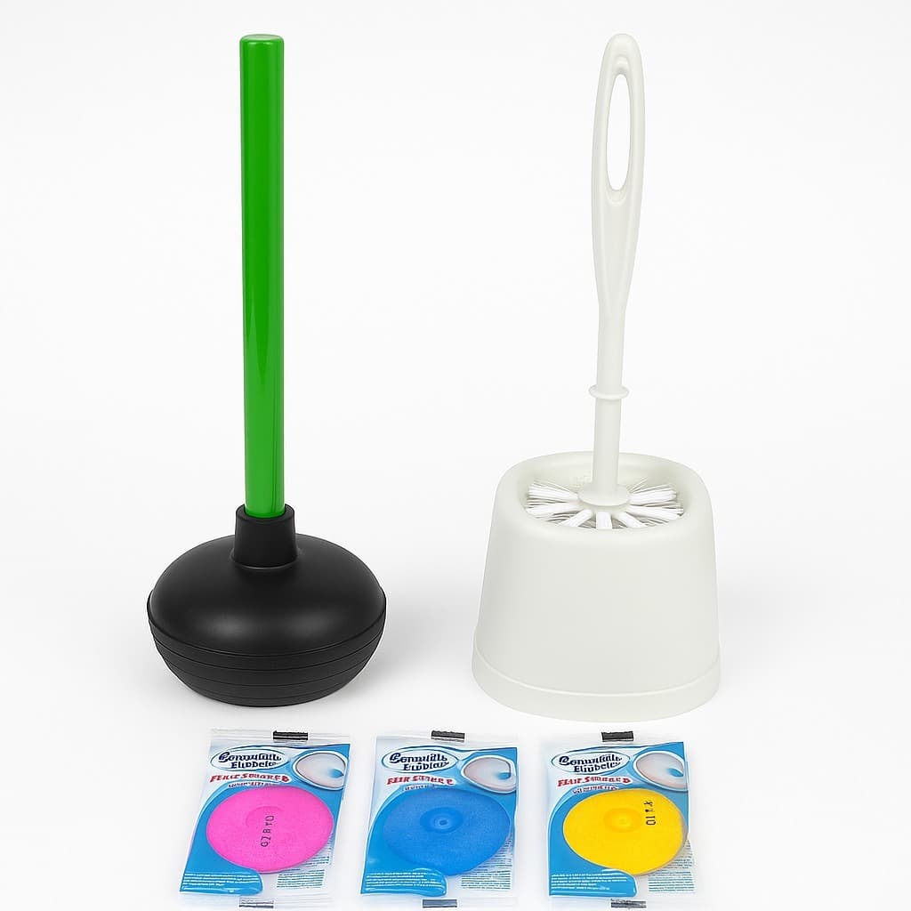 Kit Limpeza Banheiro 6 Peças 🚽 Escova Sanitária + Suporte + Desentupidor + 3 Pastilhas