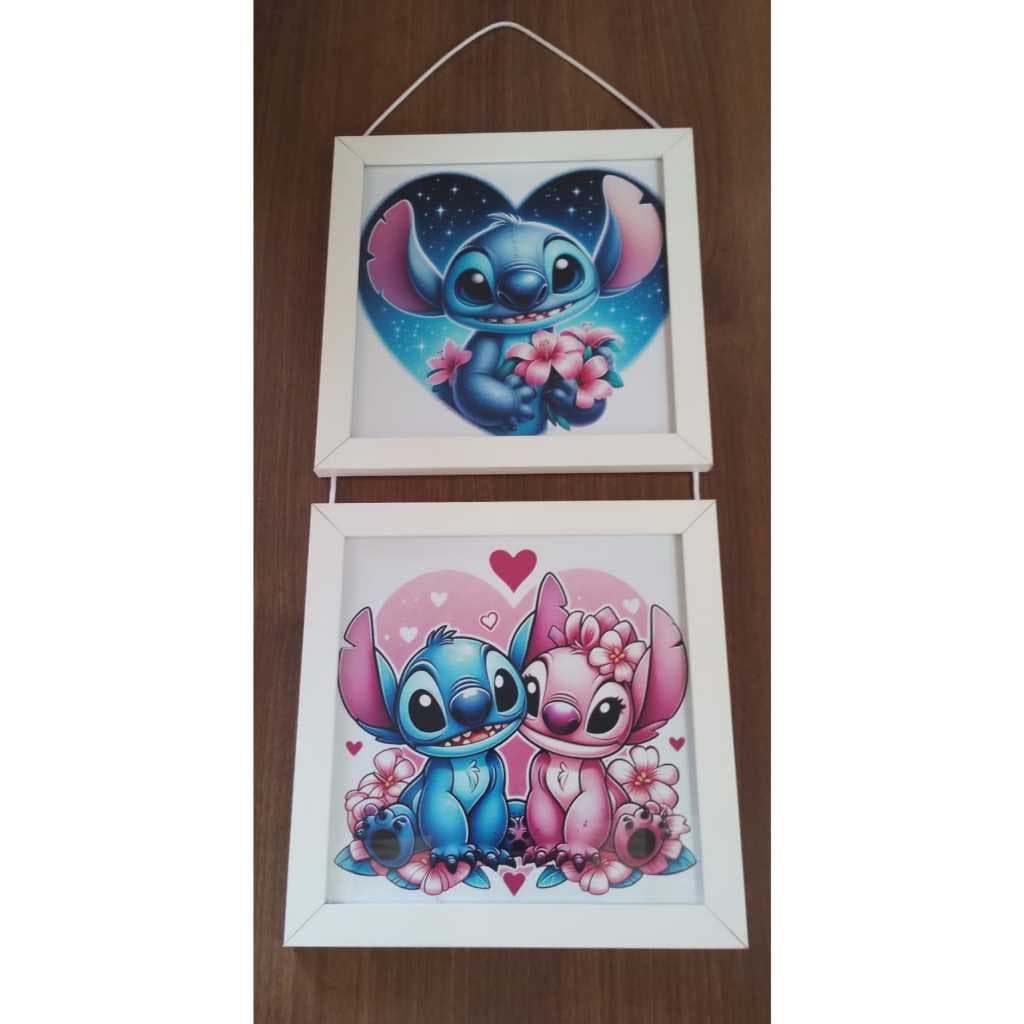 Quadros Decorativos Stitch e Angel -23x23 /Moldura e vidro/Personagem Infantil