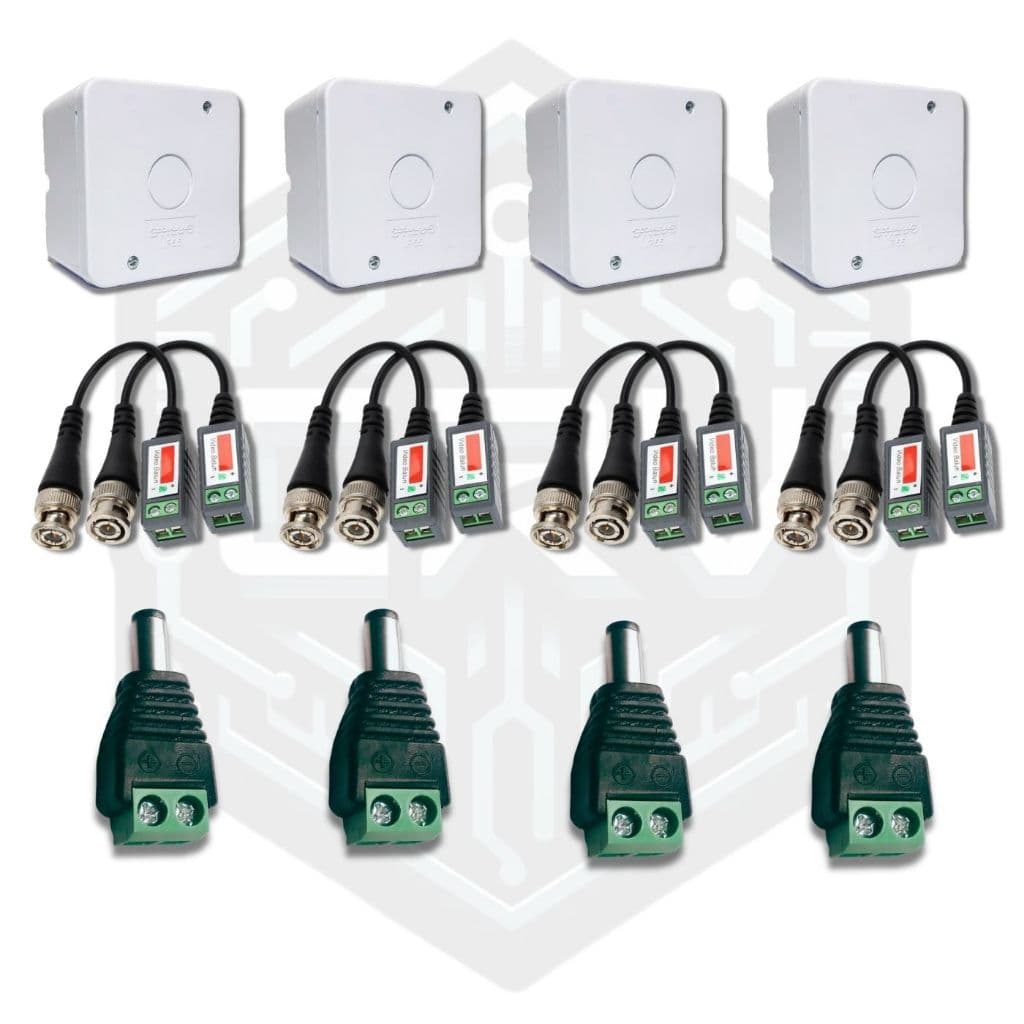 KIT 4 Pares de Video Balun Parafuso + 4 Caixas Sobrepor Simples Branca + 4 Conectores P4 Macho