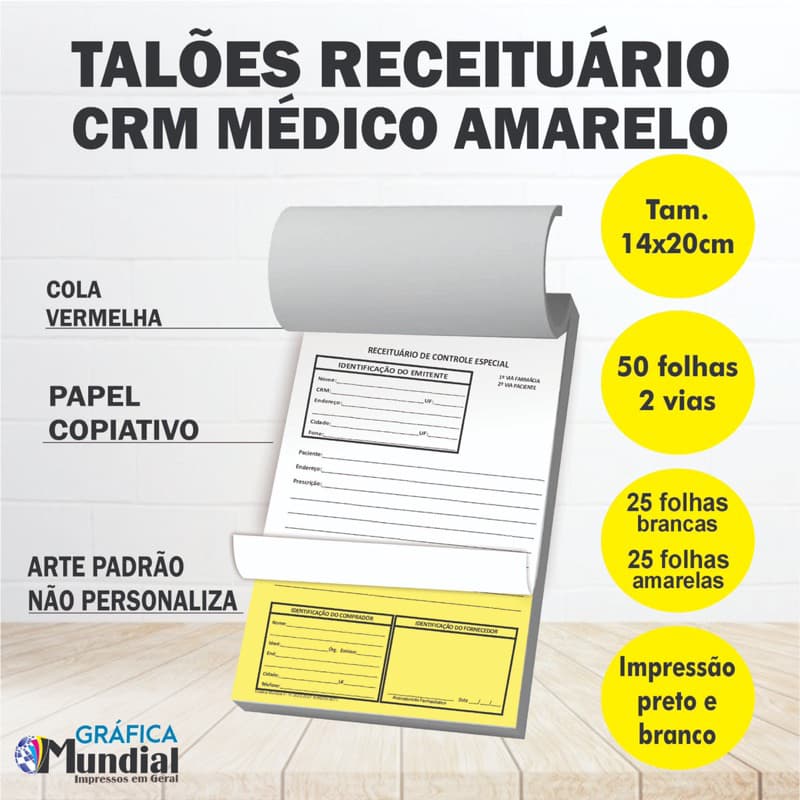 02 blocos Receituário CRM Amarelo Médico Controle Especial 2 vias Copiativo 14x20cm 50 folhas