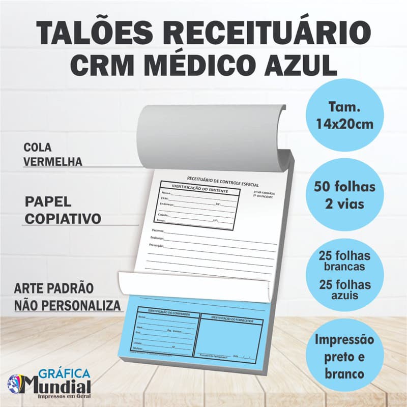 10 blocos Receituário CRM Azul  Médico Controle Especial 2 vias Copiativo 14x20cm 50 folhas