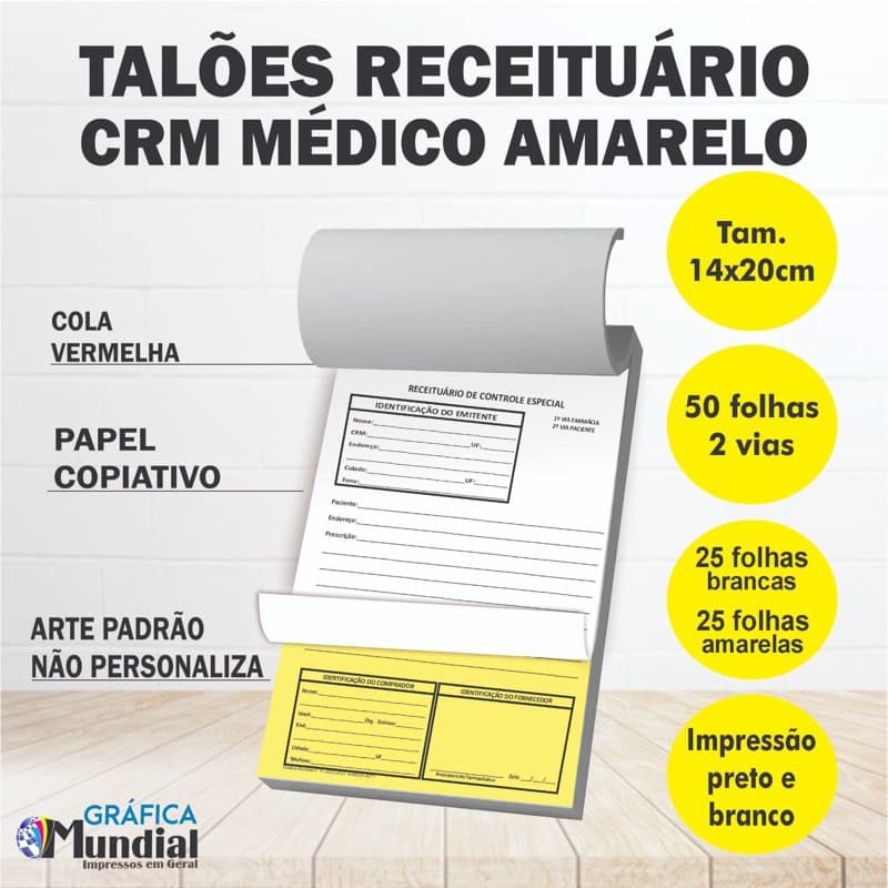 5 blocos Receituário CRM Amarelo Médico Controle Especial 2 vias Copiativo 14x20cm 50 folhas