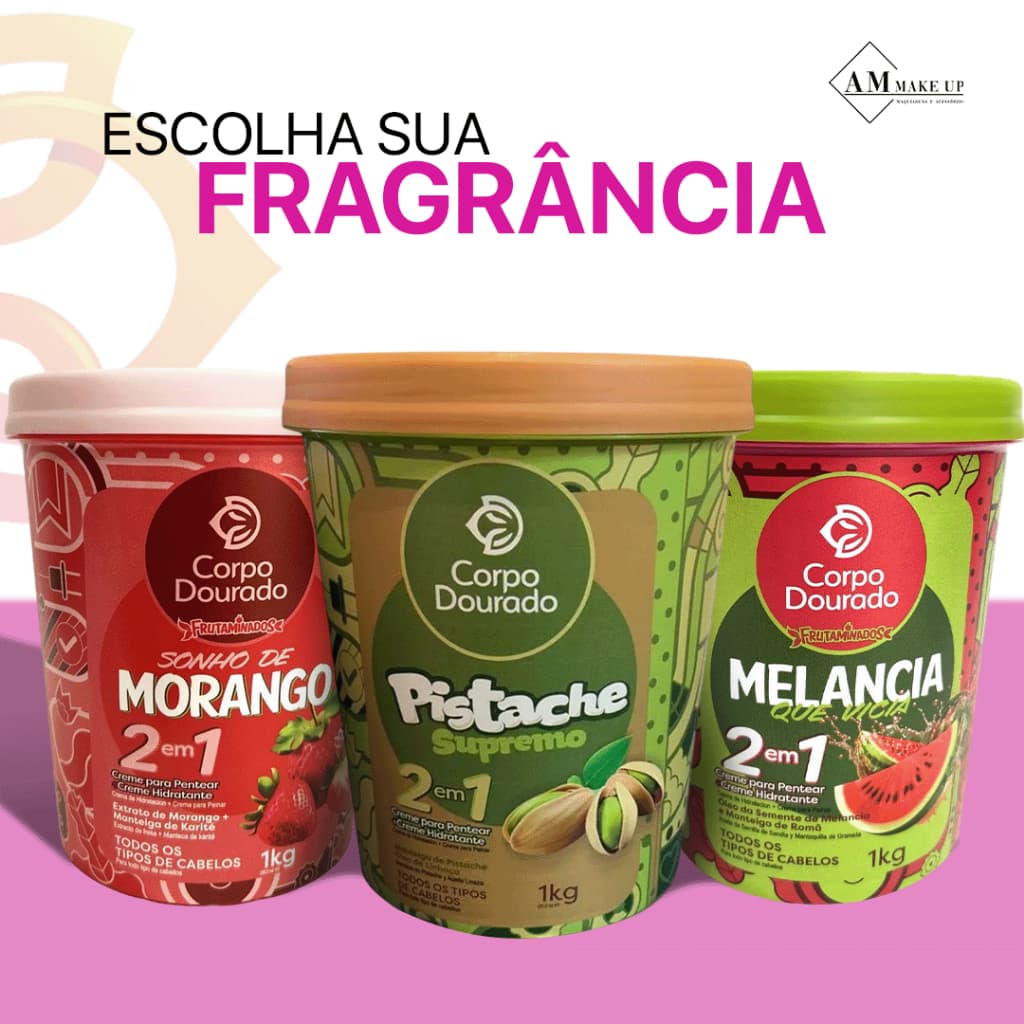 Kit Potão Creme de Pentear e Creme Hidratante 2 em 1 Corpo Dourado Melancia Morango Pistache