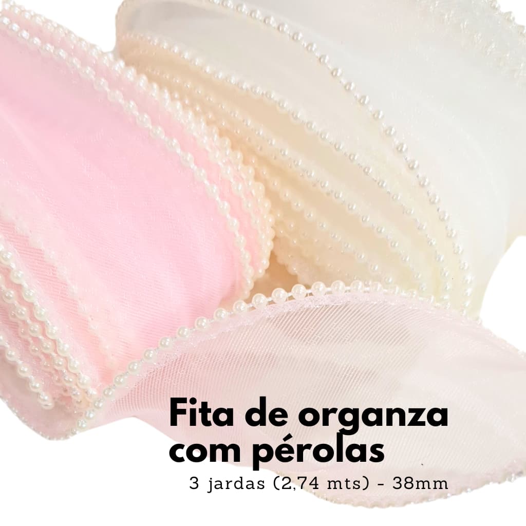 Fita Organza com Pérolas 38mm (3 Jardas) para Laços e Tiaras de Luxo