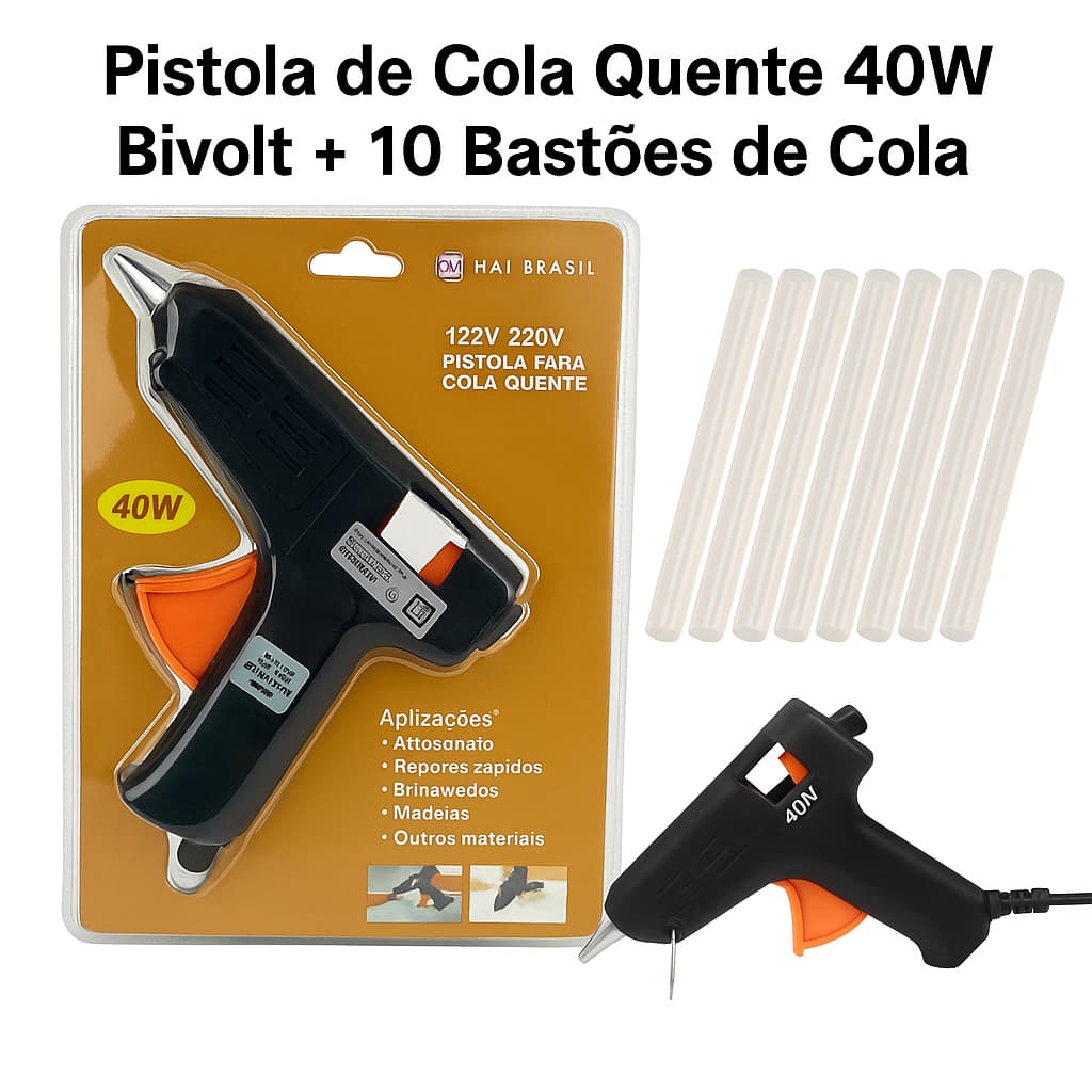 Pistola De Cola Quente 40w Bivolt + 10 Bastões De Cola