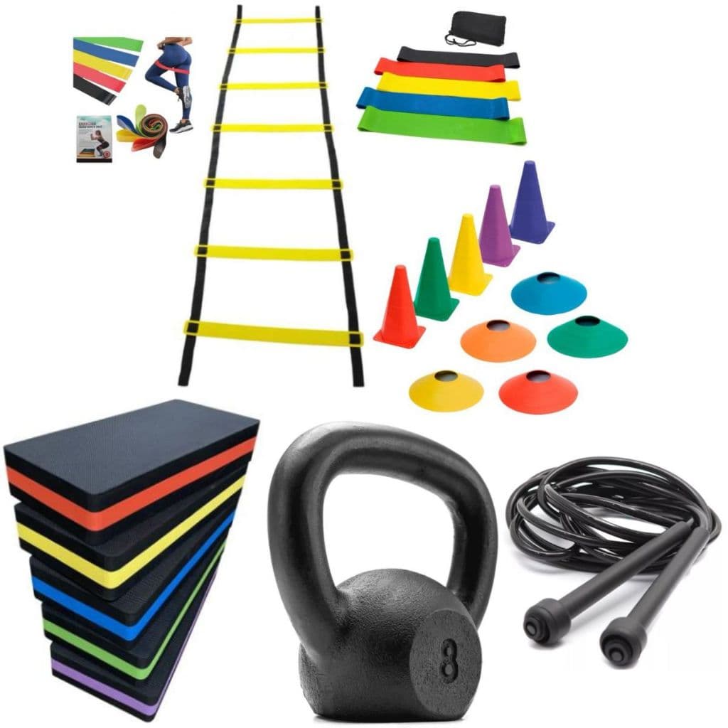 Combo Treino Funcional Agilidade 1 Step Grande 1 Kit Miniband 1 Corda 1 Kettlebell 8kg Pintado Ferro