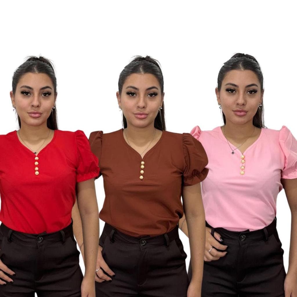 Kit 5 Blusa Feminina Manga Buffante Social com Botão