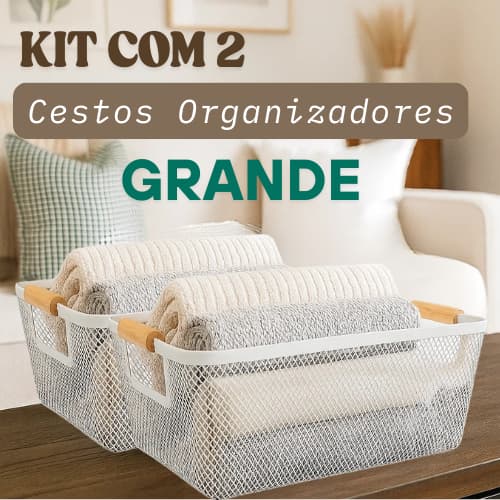 Kit 2 Caixas Cesto Organizador Grande Branco Plástico Telado Com Alça De Madeira Multiuso Retangular
