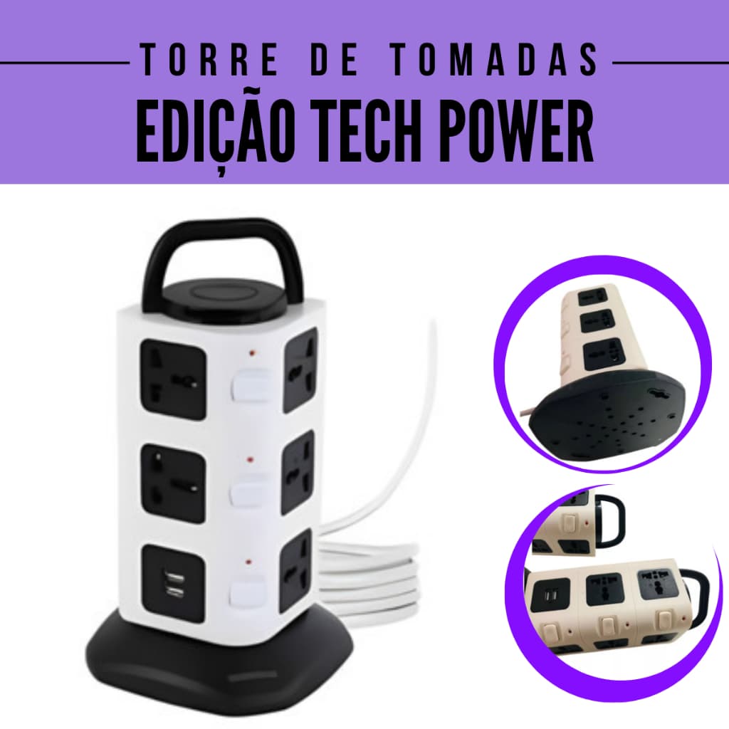 Torre de Tomadas Elétrica 5 Entradas + 2 USB – Organização, Potência e Estilo em Um Só Lugar!