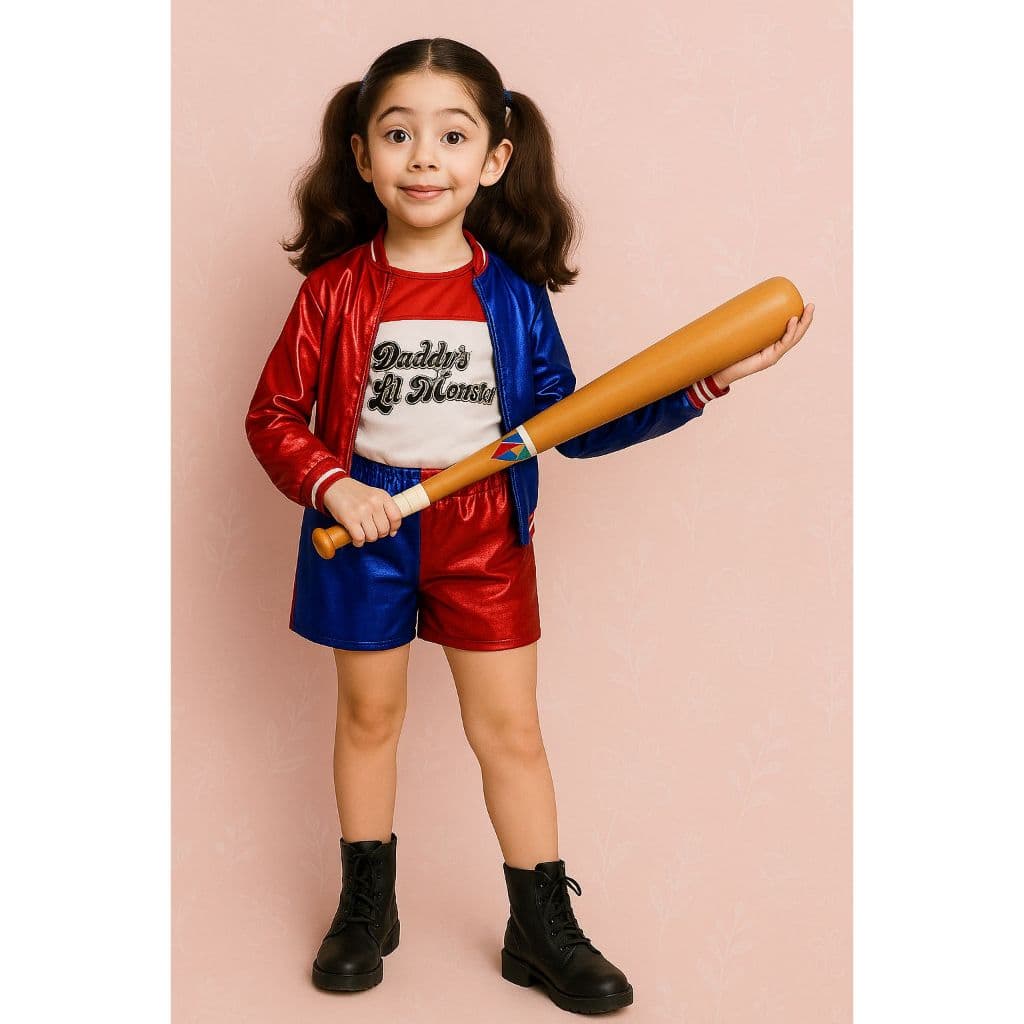 ROUPA FANTASIA INFANTIL ARLEQUINA COMPLETA CASACO BLUSA E TACO