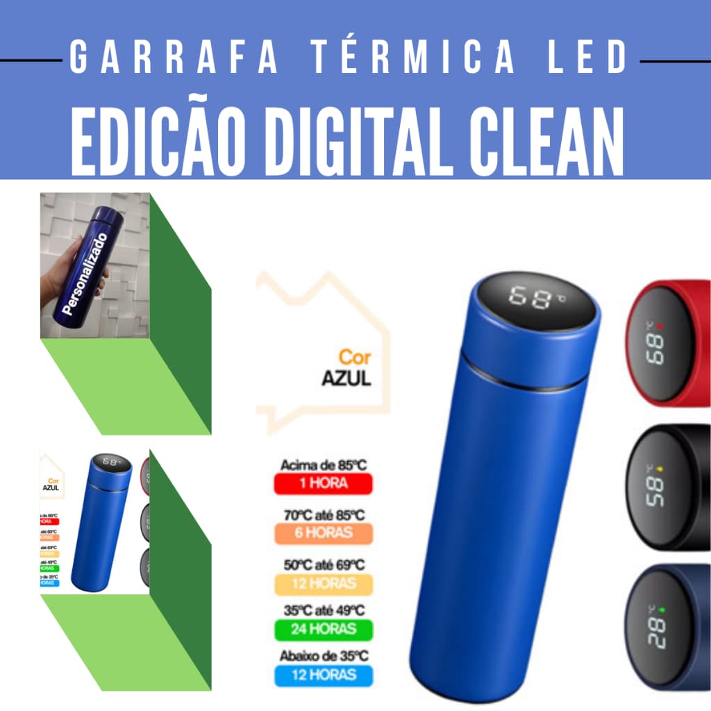 Garrafa Térmica com LED Azul 500ml – Veja a Temperatura, Leve Seu Estilo!