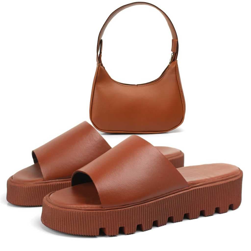 Kit Rasteira Feminina Slide Tratorada Com Bolsa De Ombro Caramelo
