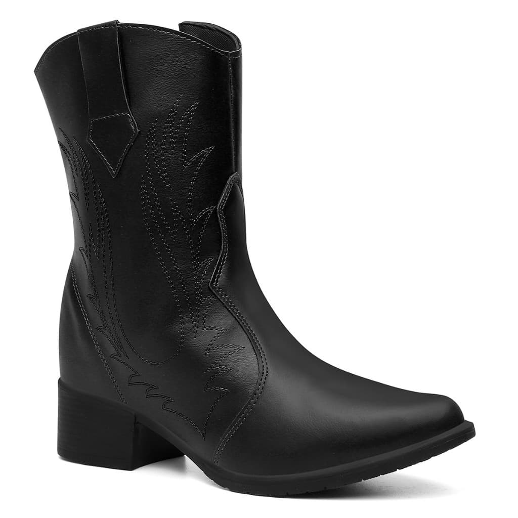 Bota Feminina Western Texana Preta Moderna Cano Médio Salto Baixo