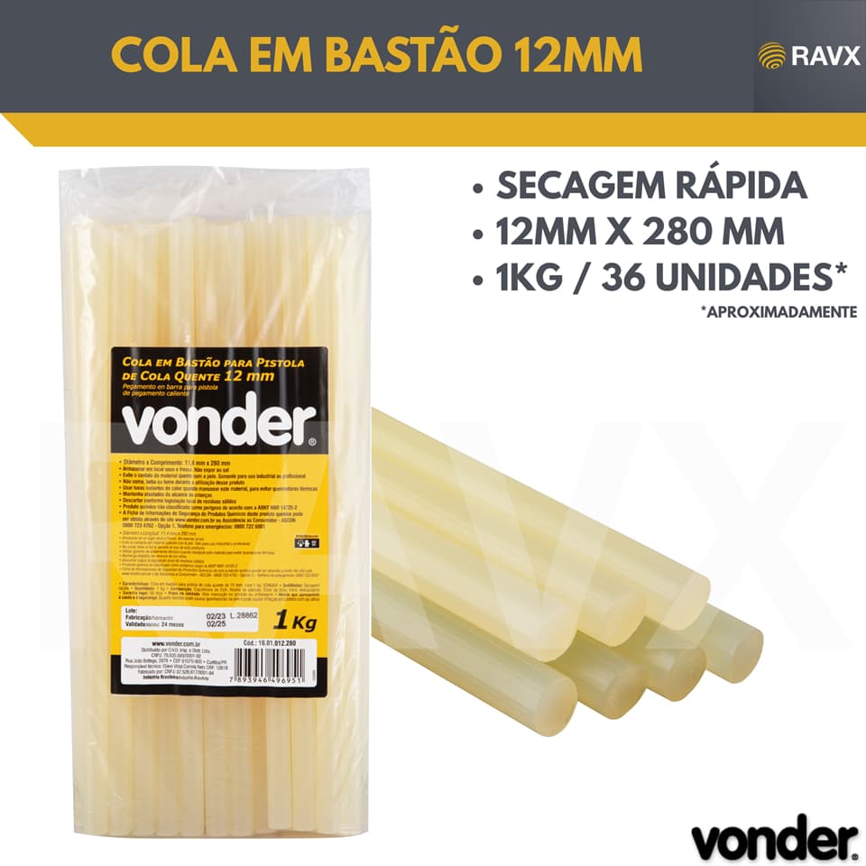 Cola em bastão para pistola de cola quente de 12 mm, com 1 kg, VONDER