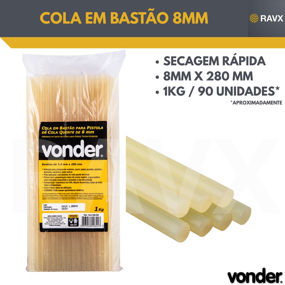 Cola em bastão para pistola de cola quente de 8 mm, com 1 kg, VONDER