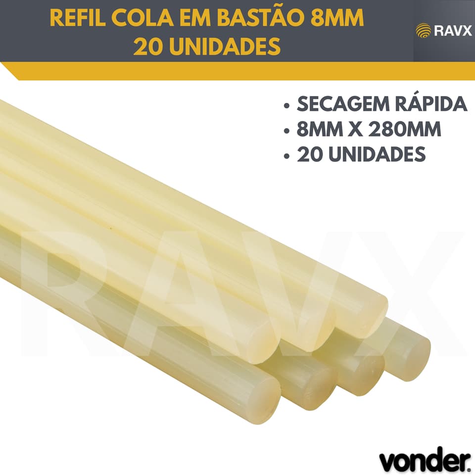 Refil cola quente em bastão 8mm X 280mm - 20 unidades - Vonder