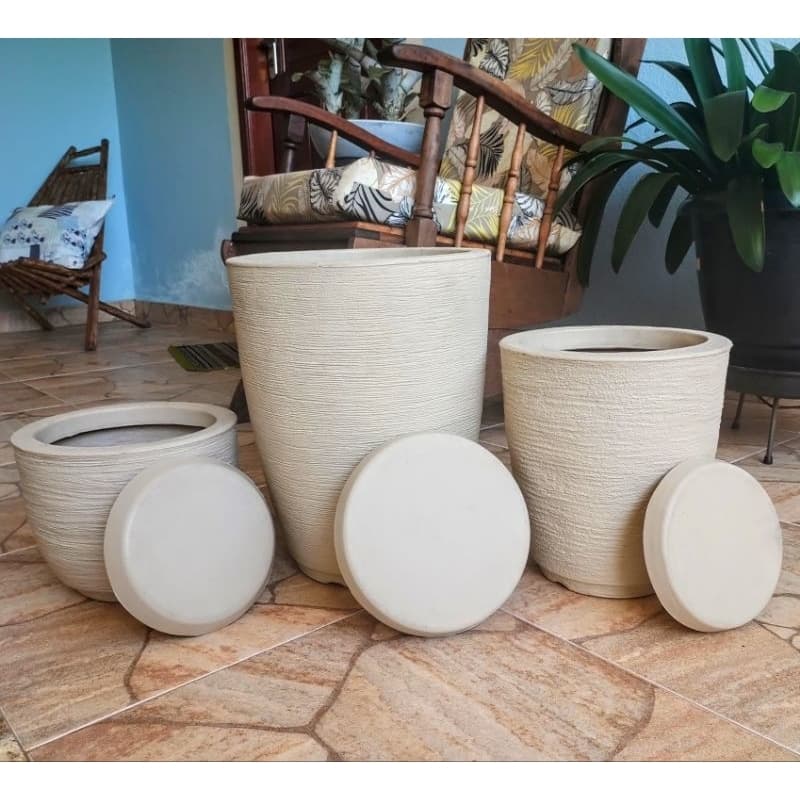 Kit 3 Vasos Polietileno Planta Bojo Coluna N1 + N2 + Bojo Escovado N1 Luxo Casa Decorativo Sala