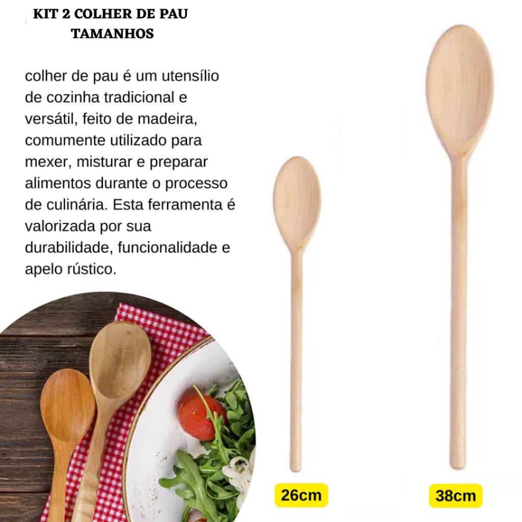 Kit 2 Colher De Pau Oval Grande Madeira Artesanal 26cm e 38cm Utensilio de Cozinha Casa Prática
