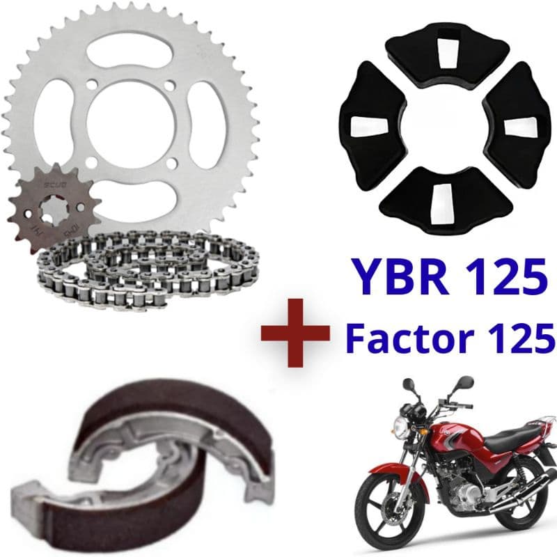 Kit Relação/Transmissão/Tração + Coxim (Bucha) Da Coroa + Patins De Freio YBR 125 (2000 à 2008) Factor 125 (2009 à 2014)