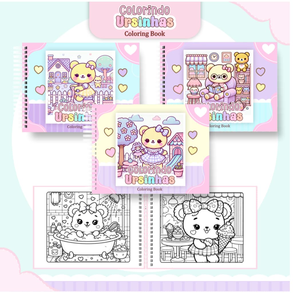 Livro de Colorir Ursinhas Kawaii 52 Folhas 180G Caderno de Desenho Pintura Coloring Book SEM PERSONALIZAÇÃO