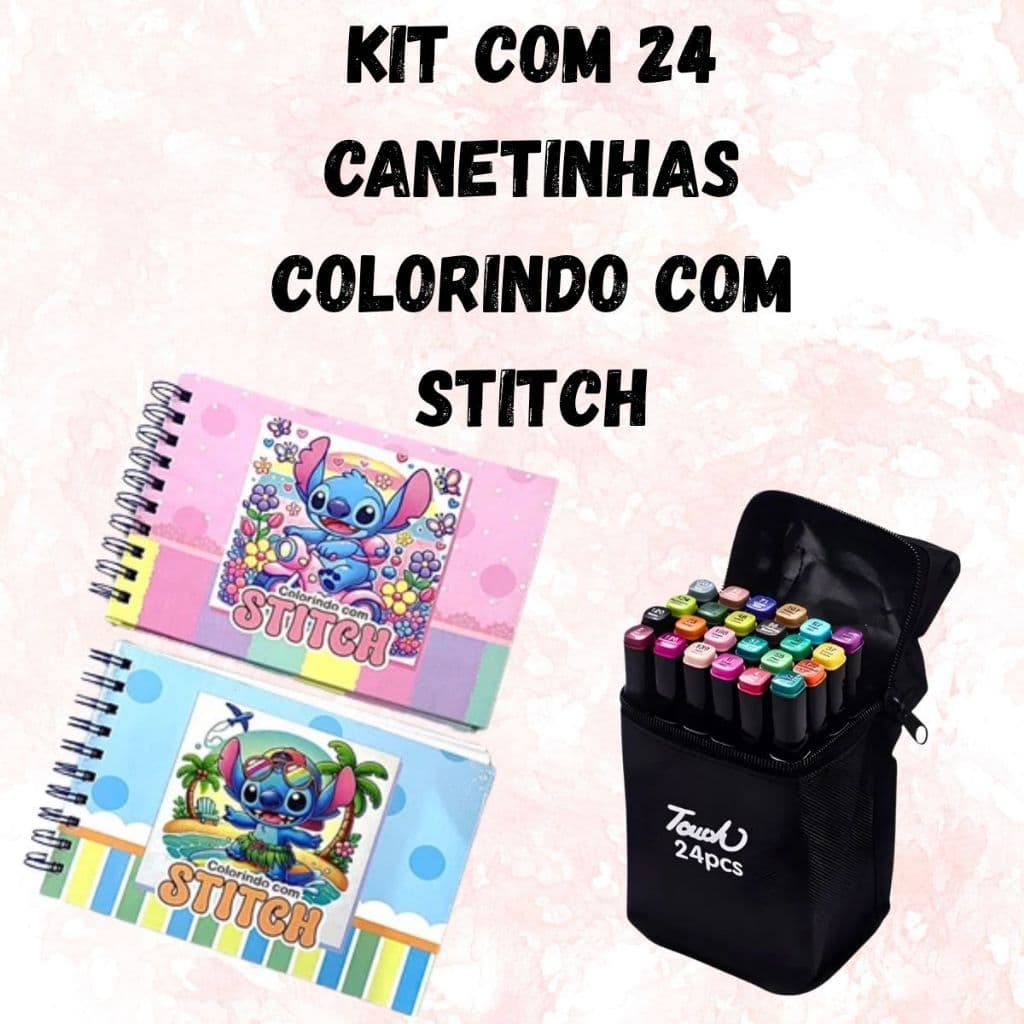 KIt Caneta 24 ,36 ,48 ~Cores + Livro de Colorir Stitch Capa Dura de Desenho Pintura Goods 50 paginas