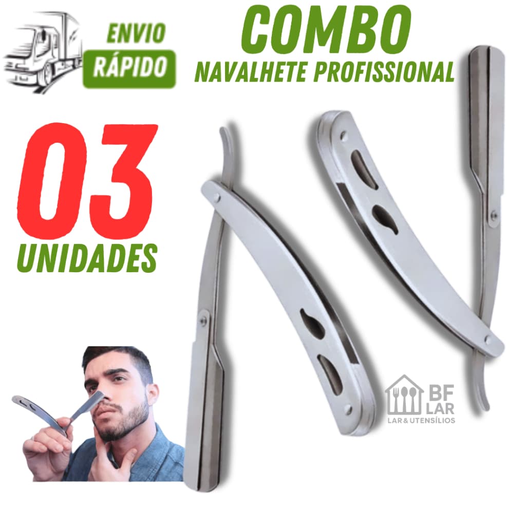 KIT CONJUNTO JOGO 3 UNIDADES NAVALHA NAVALHETE METAL INOX PROFISSIONAL BARBA CABELO INOX