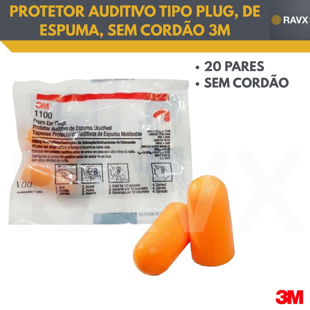 20 PROTETORES AUDITIVO ESPUMA PROTETOR AURICULAR 1100 S/CORDAO 3M