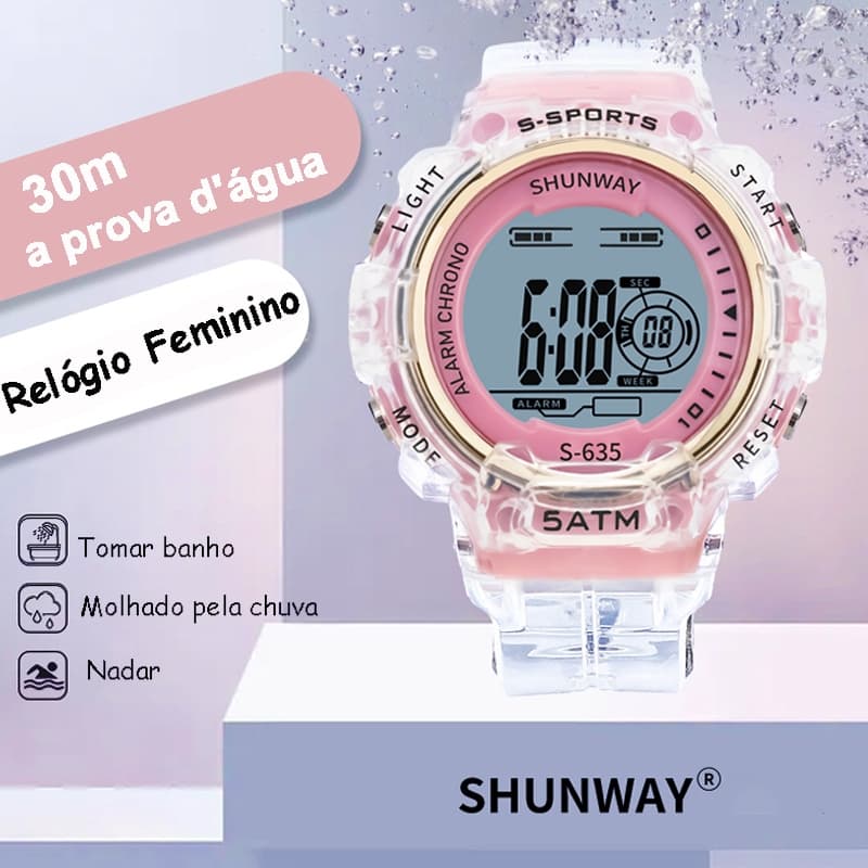 Relógio Feminino Digital Pulseira Transparente LED Cronômetro Alarme A Prova De Água Original Rosa