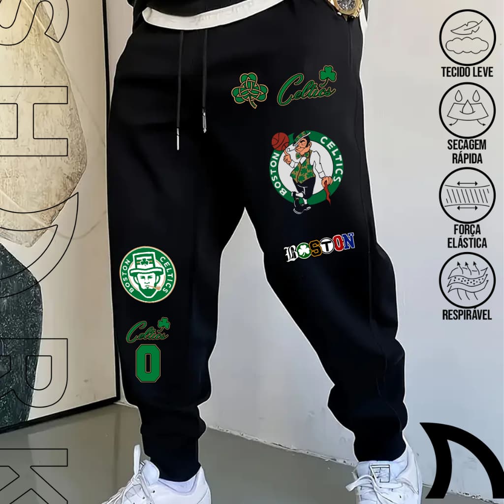 Calça Moletom Masculina Flanelada Inverno Estilo Basquete Americano Boston Simbolos Jogo Moda Gringa