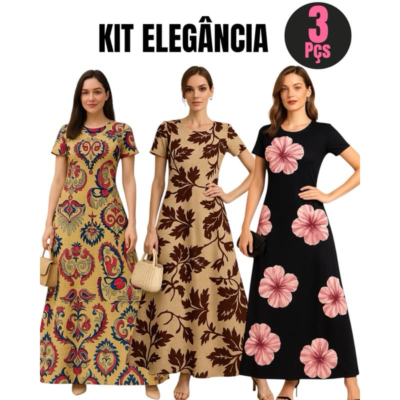 kit 3 Vestidos longos feminino Estampado Elegante Vestido de Malha Soltinho e Casual- Manga curta Tendência 2025