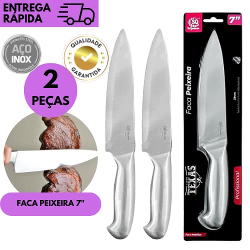 Kits 2 ou 1 Faca Peixeira 7 Polegadas Inox Inteiriça Profissional Cozinha Churrasco Corte Preciso