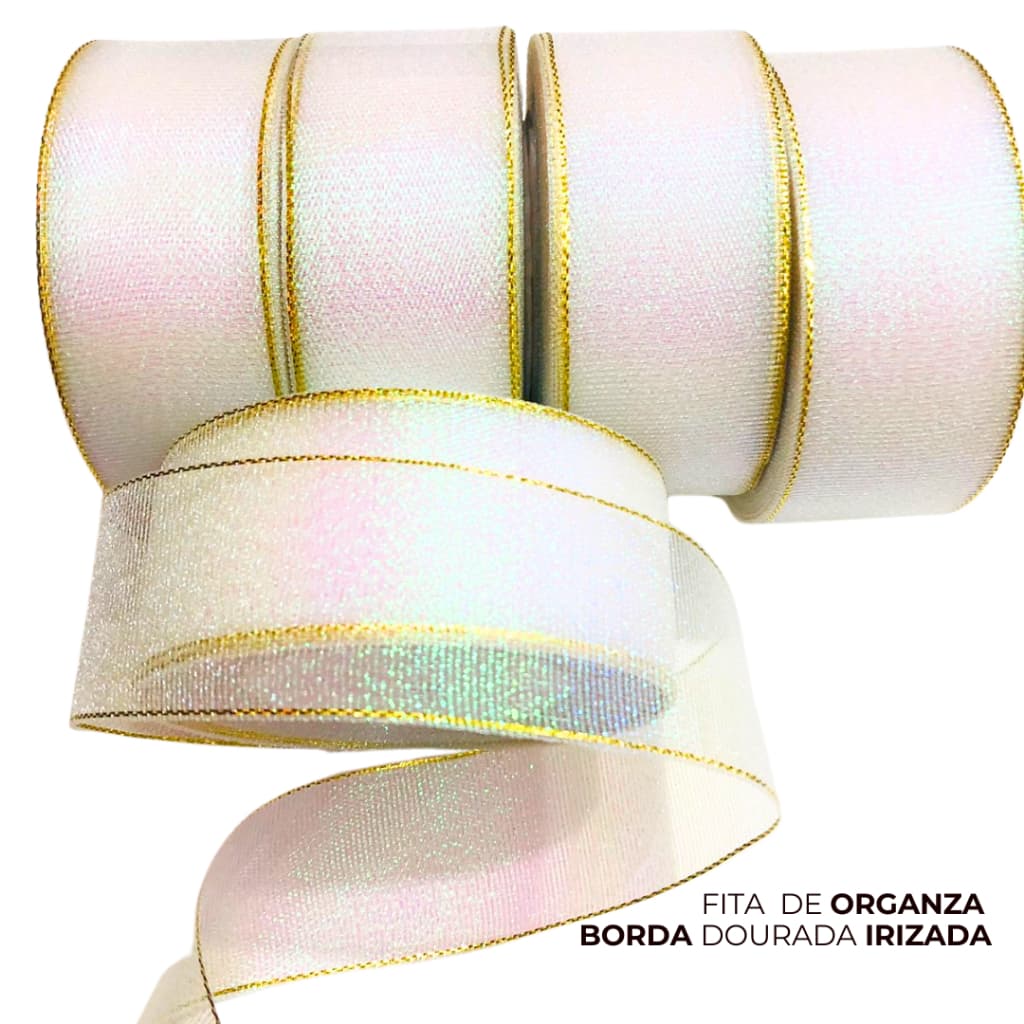 Fita Organza BORDA DOURADA 38mm (Escolha a partir de 4 Metros) Irizada e Holográfica para Laços e Tiaras de Luxo