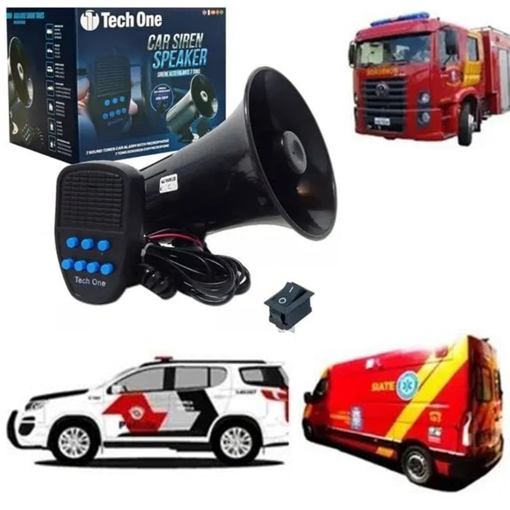 Sirene Carro Alto Falante 7 Tons Megafone Som Policia Alarme Bombeiro Residencial Tech One