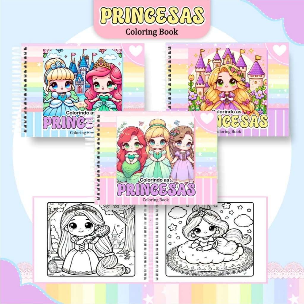 Livro de Colorir Princesas 52 folhas 180G Caderno de Desenho Pintura Coloring Book SEM PERSONALIZAÇÃO