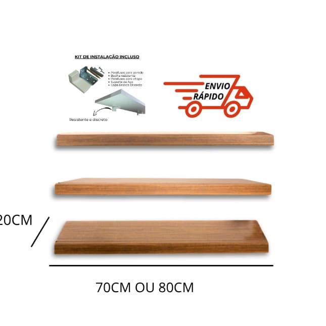 3 unidades de PRATELEIRA MDF FREIJÓ COM SUPORTE 80x20cm ou 70x20cm
