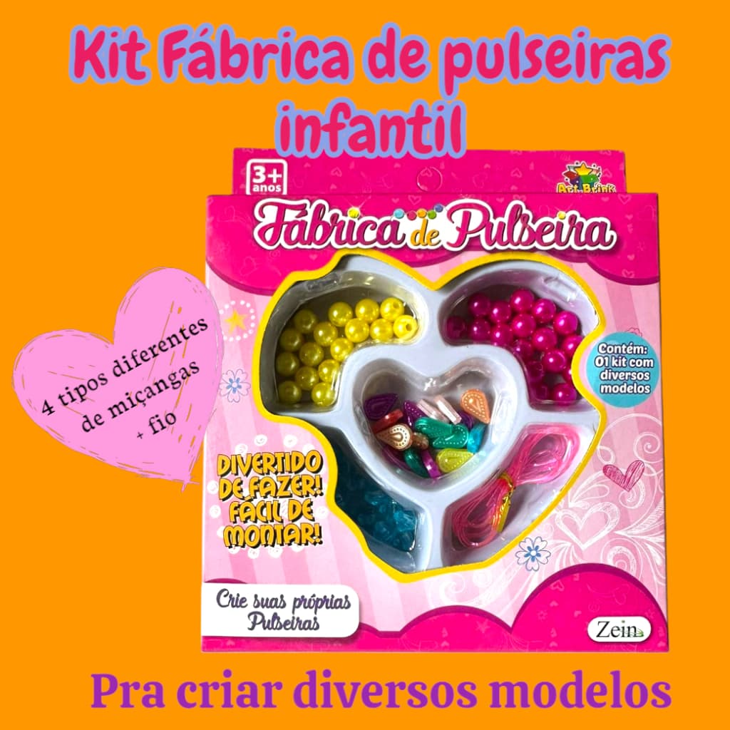 Kit Fábrica de Pulseiras Infantil- Brinquedo para menina com Miçangas e Fios para Crianças +3 Anos